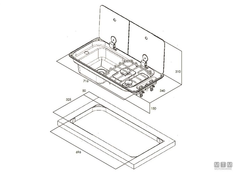 Piano di Cottura 2 Fuochi con Lavello e Coperchio in Vetro