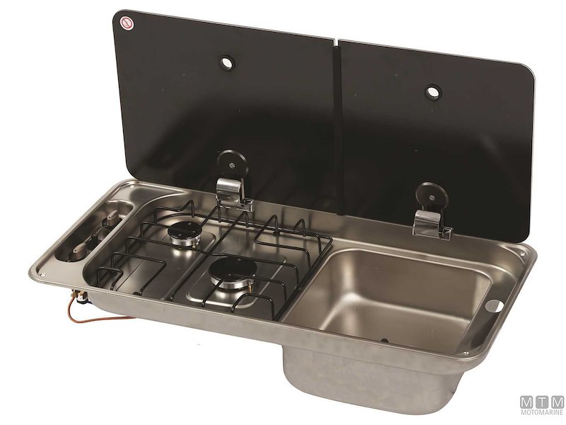 Piano di Cottura 2 Fuochi con Lavello e Coperchio in Vetro