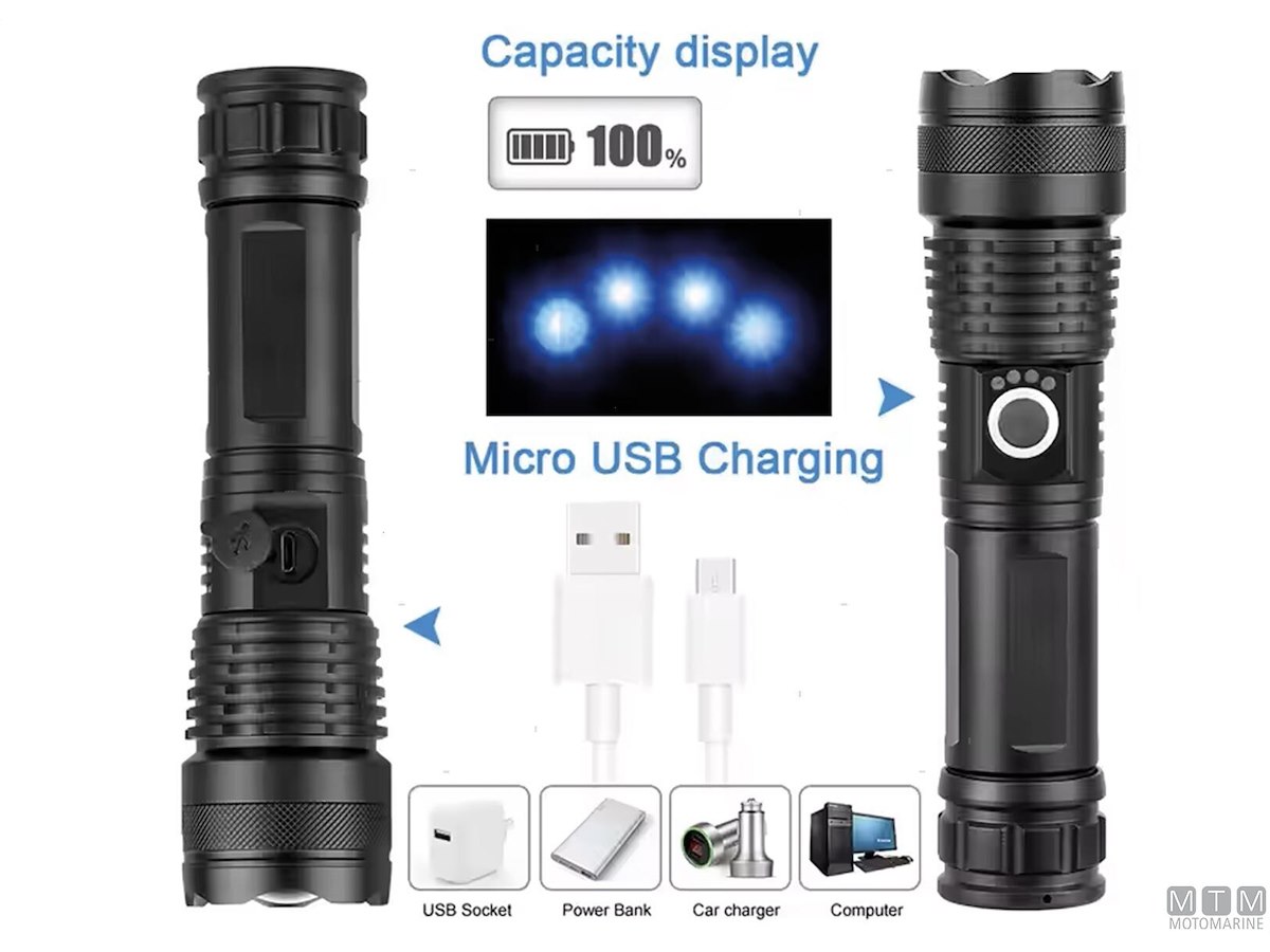 Torcia LED 7 In 1 Super Luminosa Con Clip A Moschettone - Ricaricabile USB-C, 4 Modalità Di Luce, Per Campeggio Ed Escursioni